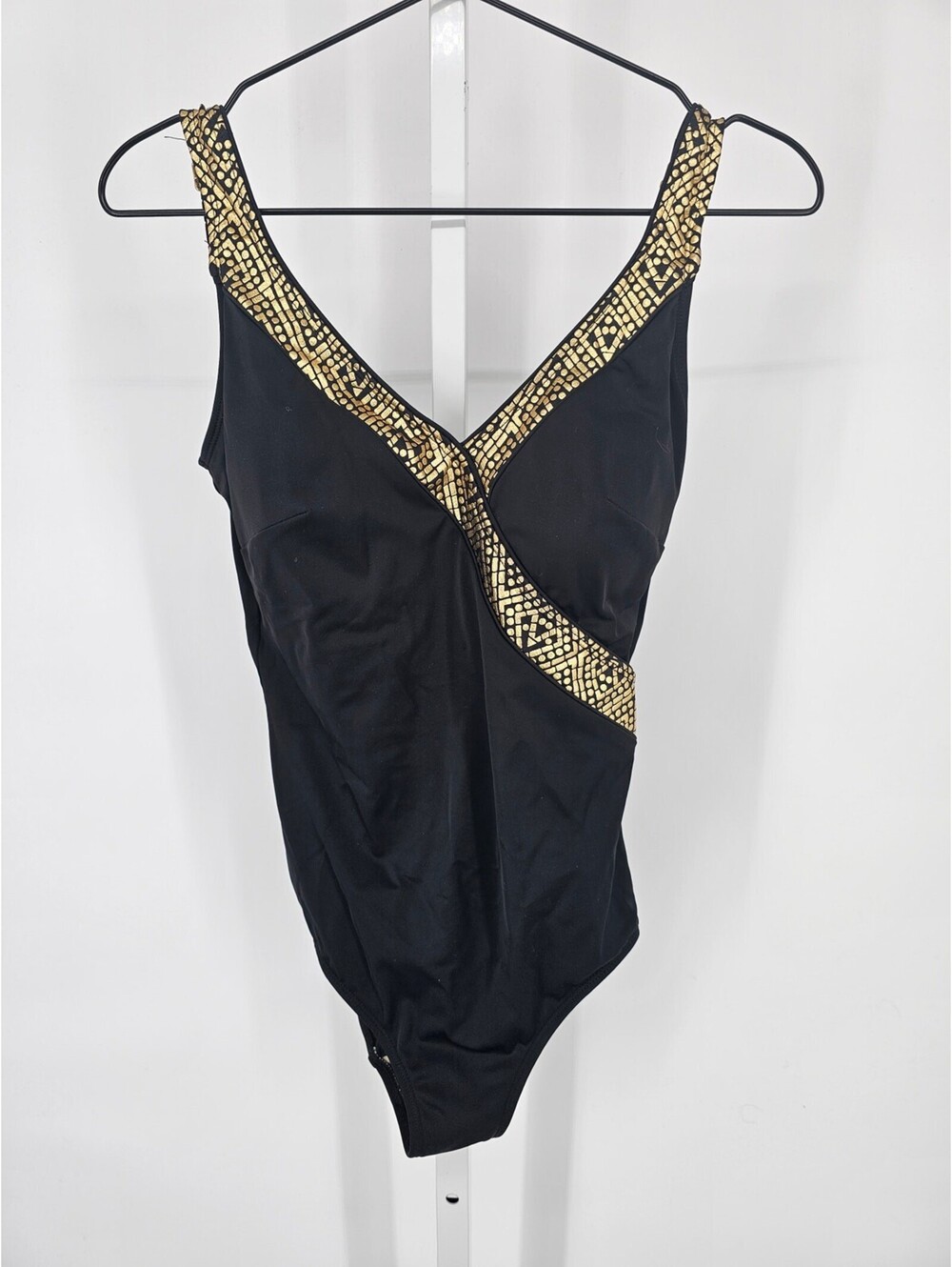 Roxanne Womens Sz 10 34C One Piece Swimsuit Black w/ Gold Trim Slimming